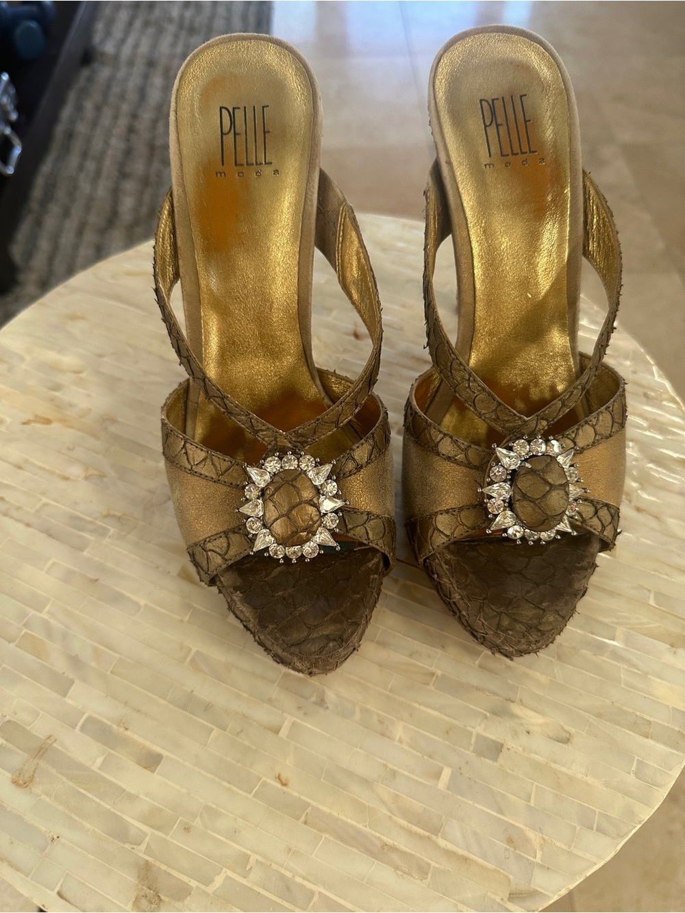 Pelle Moda Metallic Gold Snakeskin Embellished Heeled Sandals
